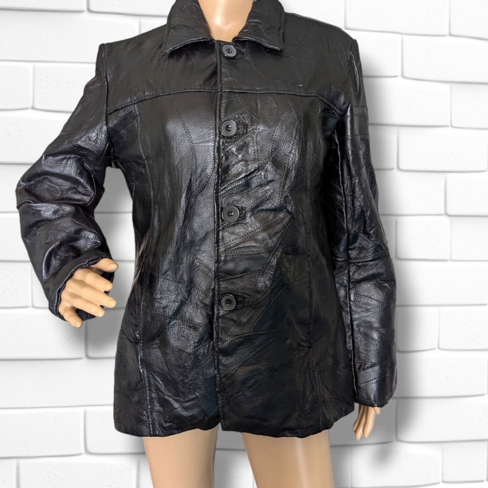 Vintage Patchwork Leather Jacket Black Boho Hippi… - image 1